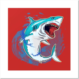 Shark with splashes water Posters and Art